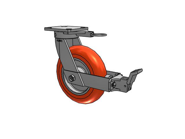 110 Series Kingpinless Top Plate Swivel Caster with 8 x 2 Orange Tread on Aluminum Core UA - Magnum Polyurethane (Aluminum Core) Wheel and Face Brake