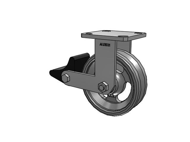 110 Series Kingpinless Top Plate Rigid Caster with 6 x 2 Silver Enamel Paint VG - Cast Iron V-Groove Wheel and Poly Lock Integrated Brake
