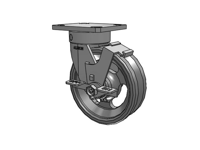 110 Series Kingpinless Top Plate Swivel Caster with 6 x 2 Silver Enamel Paint VG - Cast Iron V-Groove Wheel and Face Brake