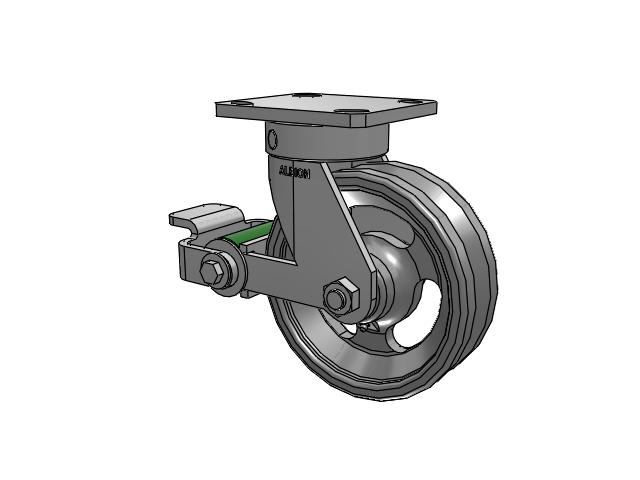 110 Series Kingpinless Top Plate Swivel Caster with 6 x 2 Silver Enamel Paint VG - Cast Iron V-Groove Wheel and Poly Cam Brake
