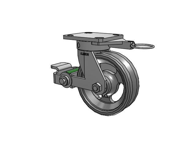 110 Series Kingpinless Top Plate Swivel Caster with 6 x 2 Silver Enamel Paint VG - Cast Iron V-Groove Wheel and Poly Cam Brake