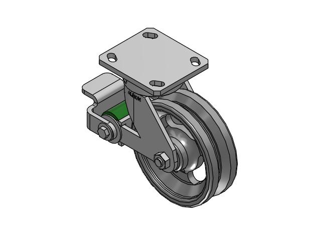 110 Series Kingpinless Top Plate Swivel Caster with 6 x 2 Silver Enamel Paint VG - Cast Iron V-Groove Wheel and Poly Cam Brake