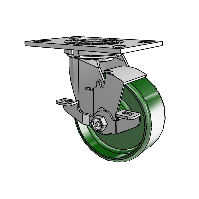 Roulette pivotante série 4 avec plaque supérieure de 2 pouces de large, équipée d'une roue en fonte de 5 x 2 et d'un frein de blocage supérieur