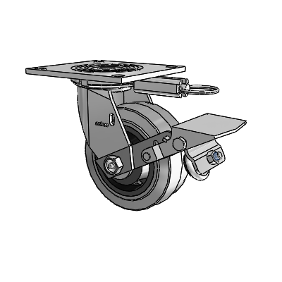 Roulette pivotante de la série 4 avec plaque supérieure de 2 pouces de large, équipée d'une roue en caoutchouc Performa 5 x 2 (plate/conductrice) et d'un frein à blocage de la bande de roulement
