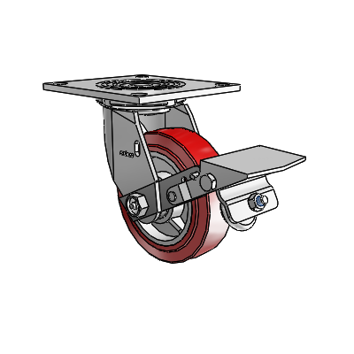 4 roulettes de la série 1 de 1 1/2", à plaque supérieure pivotante en zinc, avec roue HI-TECH en polyuréthane de 5 x 1,5 et frein à blocage de la bande de roulement
