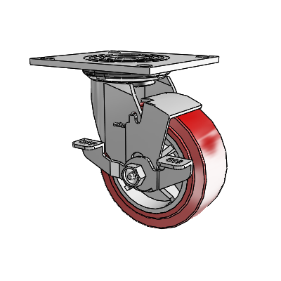 Roulette pivotante série 4 avec plaque supérieure de 2 pouces de large, équipée d'une roue en polyuréthane HI-TECH de 5 x 2 et d'un frein de blocage supérieur