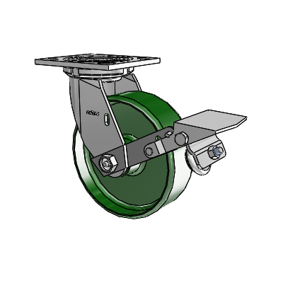 Roulette pivotante de la série 4, à plaque supérieure de 2 pouces de large, équipée d'une roue en fonte de 6 x 2 et d'un frein à blocage de la bande de roulement
