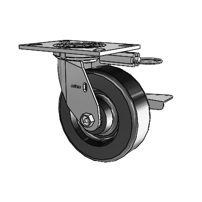 Roulette pivotante de la série 4, avec plaque supérieure de 2 pouces de large, roue en phénolique de 6 x 2 et frein à blocage latéral