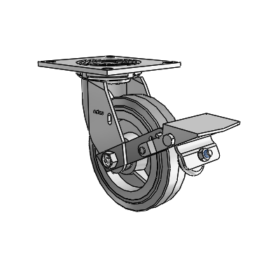 4 roulettes de la série 1 de 1 1/2", à plaque supérieure pivotante en zinc, avec roue en caoutchouc Performa de 6 x 1,5 (plate/grise) et frein à blocage de la bande de roulement