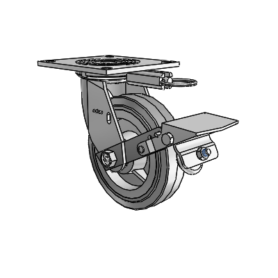 4 roulettes de la série 1 de 1 1/2", à plaque supérieure pivotante en zinc, avec roue en caoutchouc Performa de 6 x 1,5 (plate/grise) et frein à blocage de la bande de roulement