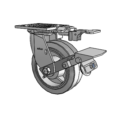 Roulette pivotante de la série 4 avec plaque supérieure de 2 pouces de large, équipée d'une roue en caoutchouc Performa 6 x 2 (plate/grise) et d'un frein à blocage de la bande de roulement