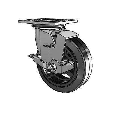 4 Series 2 Inch Wide Top Plate Swivel Caster with 6 x 2 MR - Moldon Rubber (Cast Iron Core) Wheel and Top Lock Brake