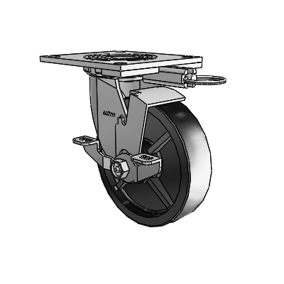 4 roulettes de la série 1 de 1 1/2", à plaque supérieure pivotante en zinc, avec roue en polyoléfine de 6 x 1,5 et frein de blocage supérieur
