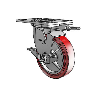4 roulettes de la série 1 de 1 1/2", à plaque supérieure pivotante en zinc, équipées d'une roue HI-TECH en polyuréthane de 6 x 1,5 et d'un frein de blocage supérieur