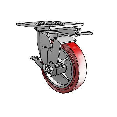 4 roulettes de la série 1 de 1 1/2", à plaque supérieure pivotante en zinc, équipées d'une roue HI-TECH en polyuréthane de 6 x 1,5 et d'un frein de blocage supérieur