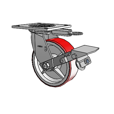 4 Series 2 Inch Wide Top Plate Swivel Caster with 6 x 2 Moldon Polyurethane (Cast Iron Core) Wheel and Tread Lock Brake