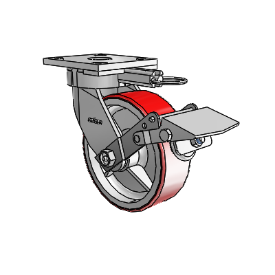 4 Series Kingpinless Casters Top Plate Swivel Caster with 6 x 2 Moldon Polyurethane (Cast Iron Core) wheel and Tread Lock Brake