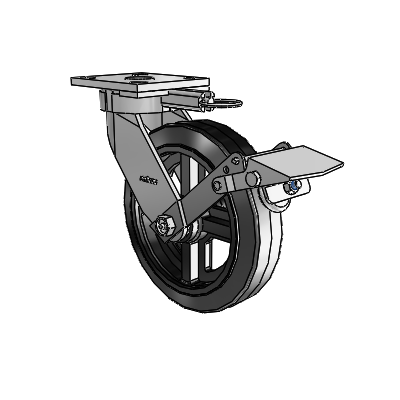 4 Series Kingpinless Casters Top Plate Swivel Caster with 8 x 2 MR - Moldon Rubber (Cast Iron Core) wheel and Tread Lock Brake