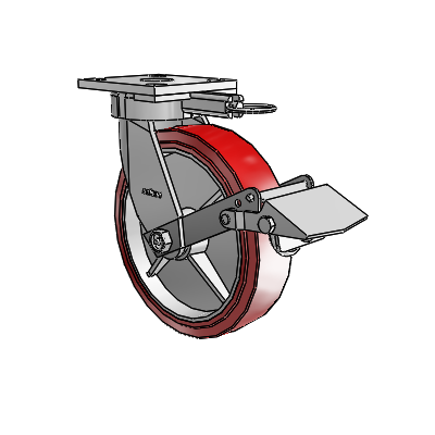 Roulettes sans pivot de la série 4 : roulette pivotante à plaque supérieure équipée d'une roue en polyuréthane HI-TECH de 8 x 2 et d'un frein Tread Lock