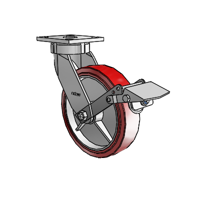 Roulettes sans pivot de la série 4 : roulette pivotante à plaque supérieure équipée d'une roue en polyuréthane HI-TECH de 8 x 2 et d'un frein Tread Lock