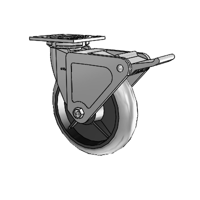 Roulette pivotante de la série 4 avec plaque supérieure de 2 pouces de large, équipée d'une roue en caoutchouc Performa 8 x 2 (ronde/conductrice) et d'un frein Tech Lock
