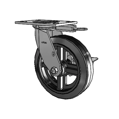 4 Series 2 Inch Wide Top Plate Swivel Caster with 8 x 2 MR - Moldon Rubber (Cast Iron Core) Wheel and Side Lock Brake
