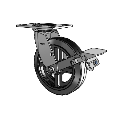 4 Series 2 Inch Wide Top Plate Swivel Caster with 8 x 2 MR - Moldon Rubber (Cast Iron Core) Wheel and Tread Lock Brake
