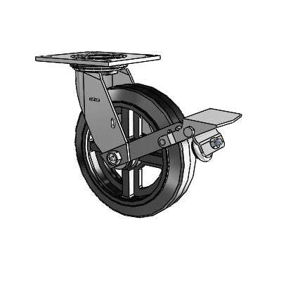 4 Series 2 Inch Wide Top Plate Swivel Caster with 8 x 2 MR - Moldon Rubber (Cast Iron Core) Wheel and Tread Lock Brake