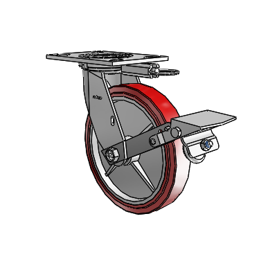4 Series 1 1/2" Casters Top Plate Swivel Zinc with 8 x 1.5 Polyurethane HI-TECH Wheel and Tread Lock Brake