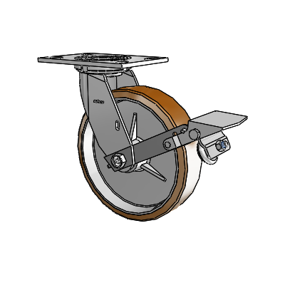Roulette pivotante de la série 4 avec plaque supérieure de 2 pouces de large, équipée d'une roue en nylon Moldon 8 x 2 (noyau en aluminium) et d'un frein à blocage de la bande de roulement
