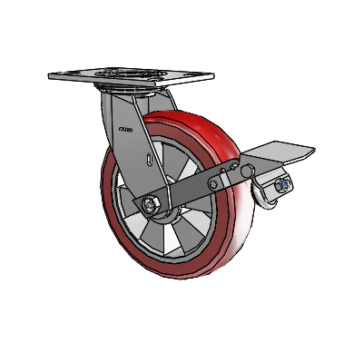 4 Series 2 Inch Wide Top Plate Swivel Caster with 8 x 2 Triumph (Crown/Red) Wheel and Tread Lock Brake