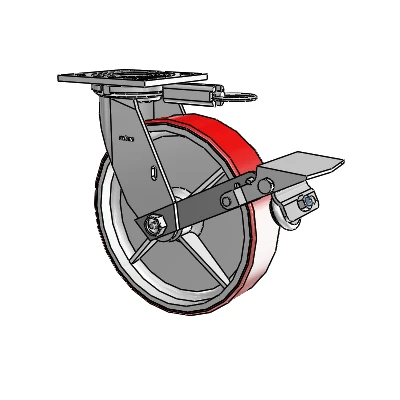 4 Series 2 Inch Wide Top Plate Swivel Caster with 8 x 2 Moldon Polyurethane (Cast Iron Core) Wheel and Tread Lock Brake