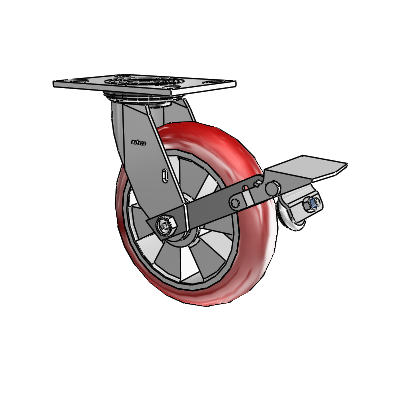 4 Series 2 Inch Wide Top Plate Swivel Caster with 8 x 2 Triumph (Round/Red) Wheel and Tread Lock Brake