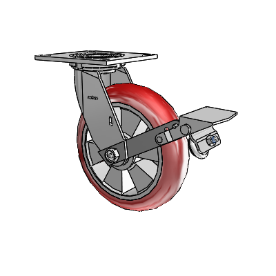 4 Series 2 Inch Wide Top Plate Swivel Caster with 8 x 2 Triumph (Round/Red) Wheel and Tread Lock Brake