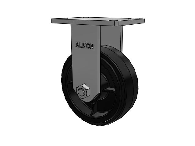 410 Series Top Plate Rigid Caster with 8 x 3 Black Tread on Black Enamel Core MR - Moldon Rubber (Cast Iron Core) Wheel