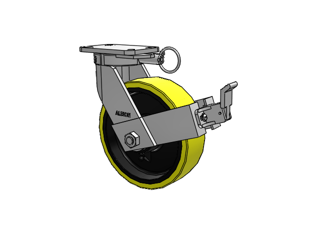 410 Series Top Plate Swivel Caster with 10 x 3 Yellow Tread on Black Cast Iron Core PF - Polyurethane (Heavy Duty Cast Iron Core) Wheel and Face Brake