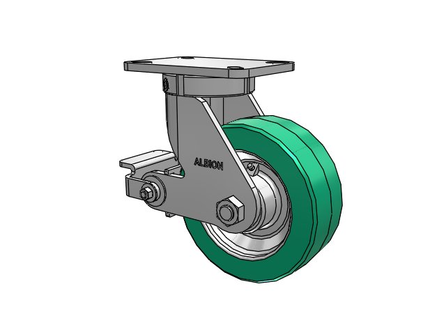 410 Series Top Plate Swivel Caster with 8 x 3 Green Tread on Black Cast Iron Core PX - Thick Polyurethane (Cast Iron Core) Wheel and Poly Cam Brake