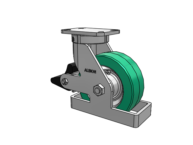 410 Series Top Plate Swivel Caster with 8 x 3 Green Tread on Black Cast Iron Core PX - Thick Polyurethane (Cast Iron Core) Wheel and Poly Lock Integrated Brake