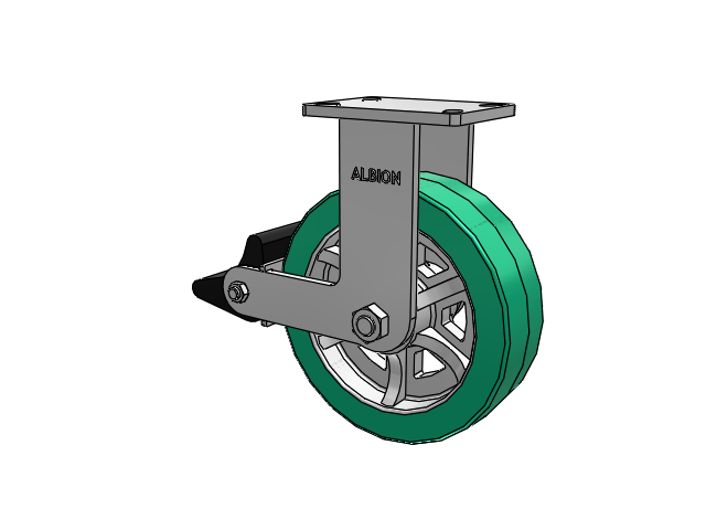 410 Series Top Plate Rigid Caster with 10 x 3 Green Tread on Black Cast Iron Core PX - Thick Polyurethane (Cast Iron Core) Wheel and Poly Lock Integrated Brake