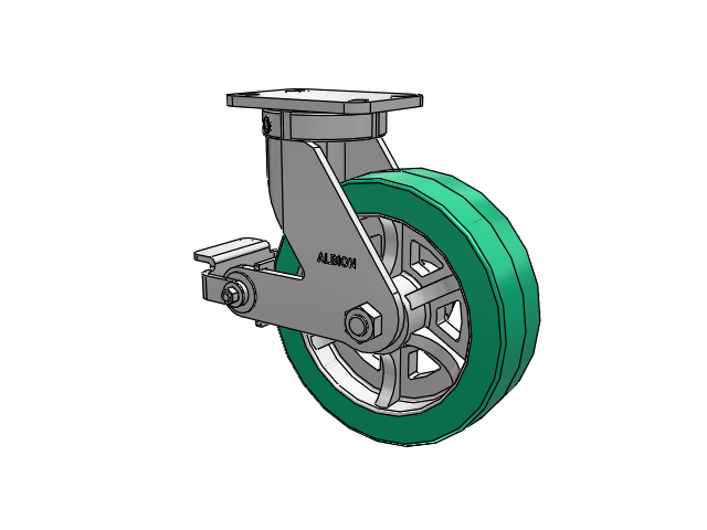 410 Series Top Plate Swivel Caster with 10 x 3 Green Tread on Black Cast Iron Core PX - Thick Polyurethane (Cast Iron Core) Wheel and Poly Cam Brake