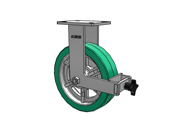 410 Series Top Plate Rigid Caster with 12 x 3 Green Tread on Black Cast Iron Core PX - Thick Polyurethane (Cast Iron Core) Wheel and Face Brake