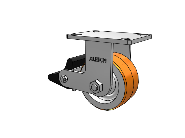 410 Series Top Plate Rigid Caster with 6 x 3 Red-Orange Tread on Cast Iron Core PY - Polyurethane 80A (Cast Iron Core) Wheel and Poly Lock Integrated Brake