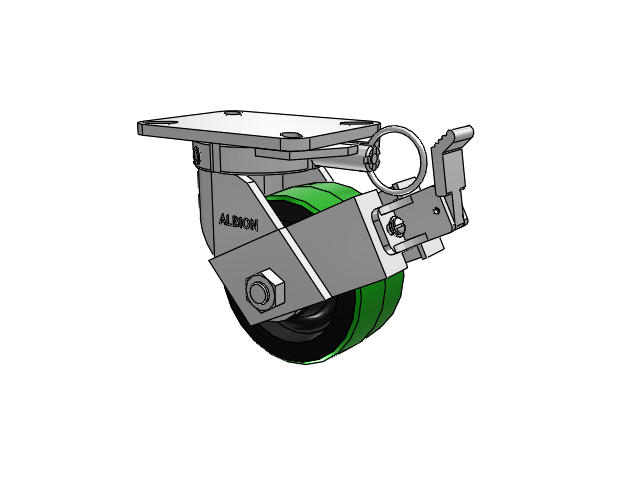 410 Series Top Plate Swivel Caster with 6 x 3 Green Tread on Black Cast Iron Core PY - Polyurethane (Cast Iron Core) Wheel and Face Brake