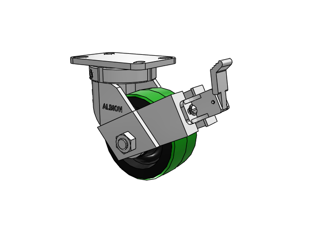 410 Series Top Plate Swivel Caster with 6 x 3 Green Tread on Black Cast Iron Core PY - Polyurethane (Cast Iron Core) Wheel and Face Brake