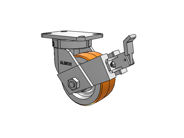 410 Series Top Plate Swivel Caster with 6 x 3 Red-Orange Tread on Cast Iron Core PY - Polyurethane 80A (Cast Iron Core) Wheel and Face Brake