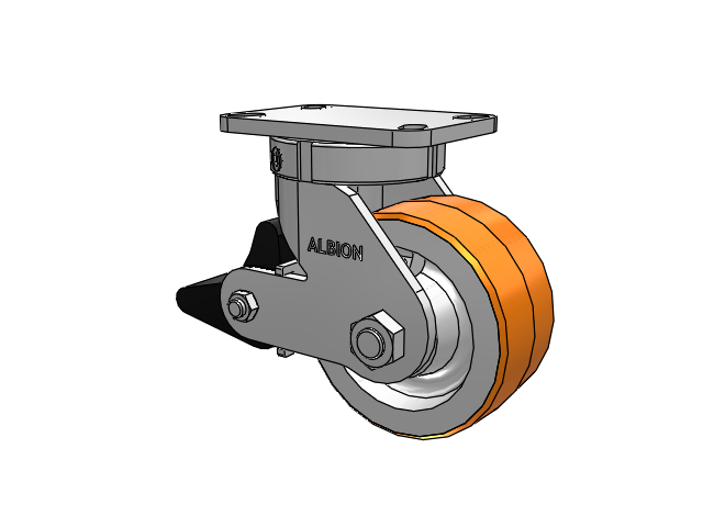 410 Series Top Plate Swivel Caster with 6 x 3 Red-Orange Tread on Cast Iron Core PY - Polyurethane 80A (Cast Iron Core) Wheel and Poly Lock Integrated Brake