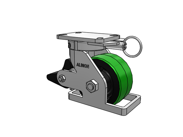 410 Series Top Plate Swivel Caster with 6 x 3 Green Tread on Black Cast Iron Core PY - Polyurethane (Cast Iron Core) Wheel and Poly Lock Integrated Brake