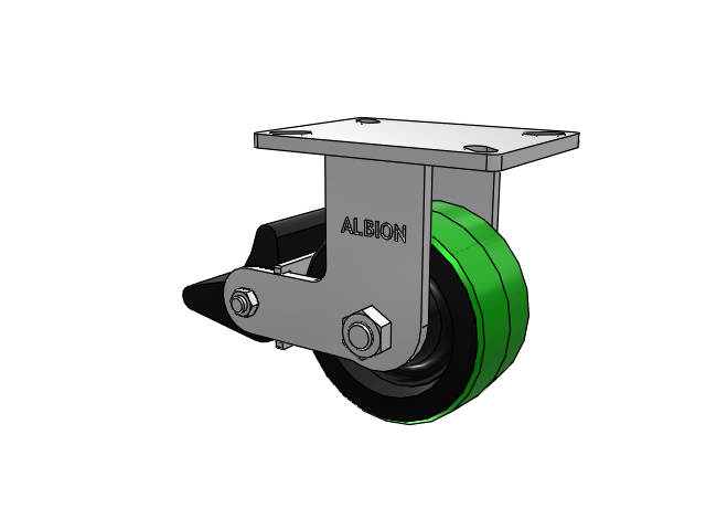 410 Series Top Plate Rigid Caster with 6 x 3 Green Tread on Black Cast Iron Core PY - Polyurethane (Cast Iron Core) Wheel and Poly Lock Integrated Brake