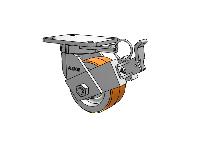 410 Series Top Plate Swivel Caster with 6 x 3 Red-Orange Tread on Cast Iron Core PY - Polyurethane 80A (Cast Iron Core) Wheel and Face Brake