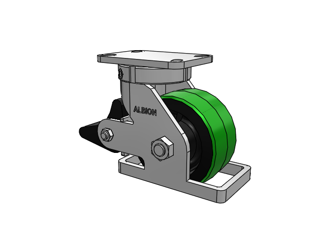 410 Series Top Plate Swivel Caster with 6 x 3 Green Tread on Black Cast Iron Core PY - Polyurethane (Cast Iron Core) Wheel and Poly Lock Integrated Brake